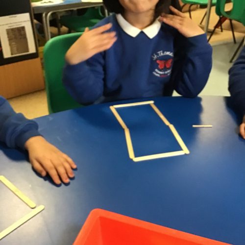 Exploring shape with lollipop sticks.  Using 6 sticks can you make a rectangle?