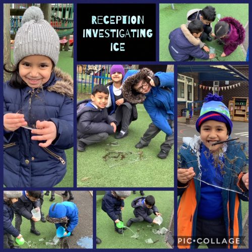 Reception found some ice today in outdoor provision.  We had great ideas for how to warm up the ice. We even wanted to try a hairdryer!
